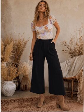 🌟B679. Stylish Cotton Wide Leg High Waist Black Culotte Pants